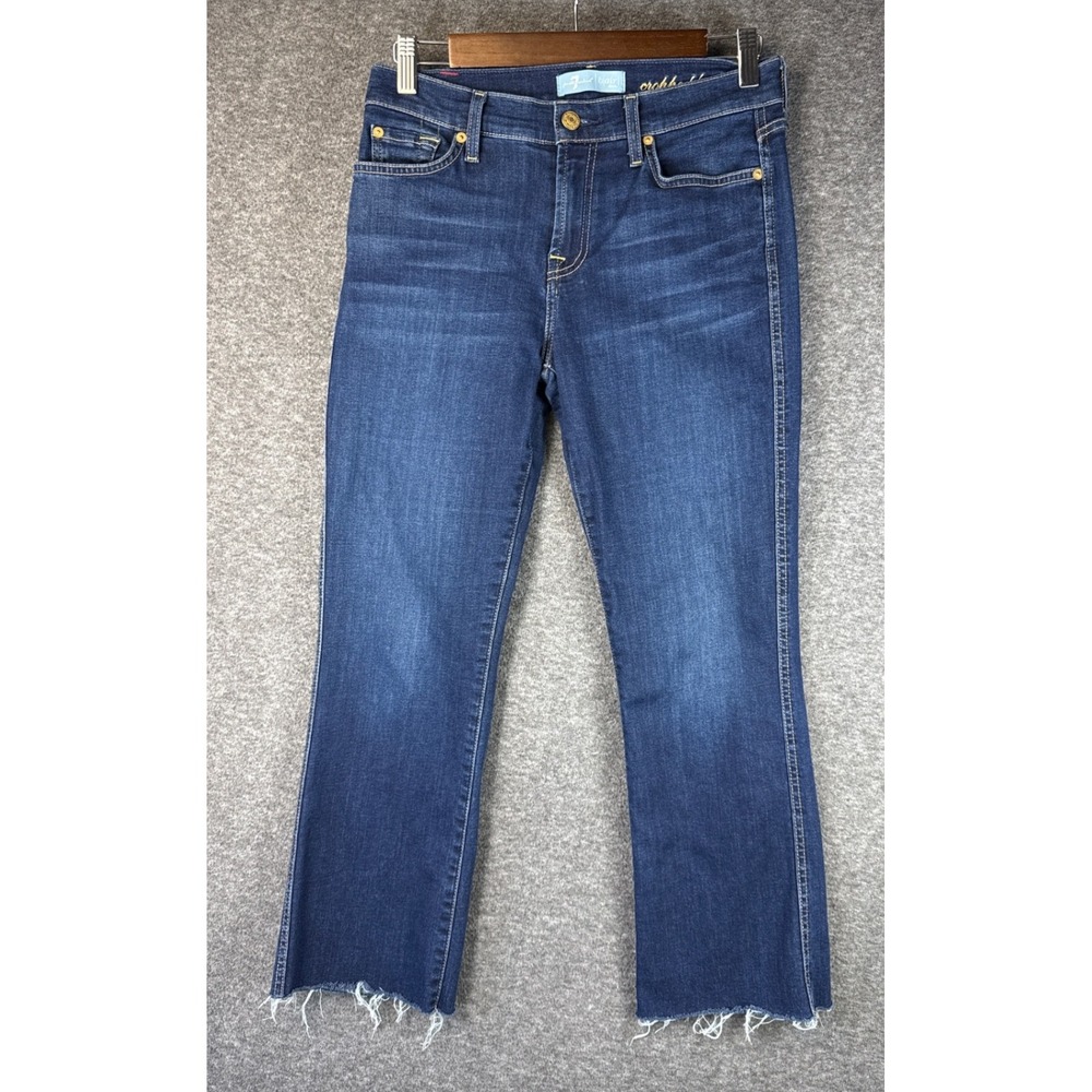 7 For All Mankind Blair Cropped‎ Boot Jeans Dark Wash Frayed Hem Women's Size 28 - Picture 3 of 13